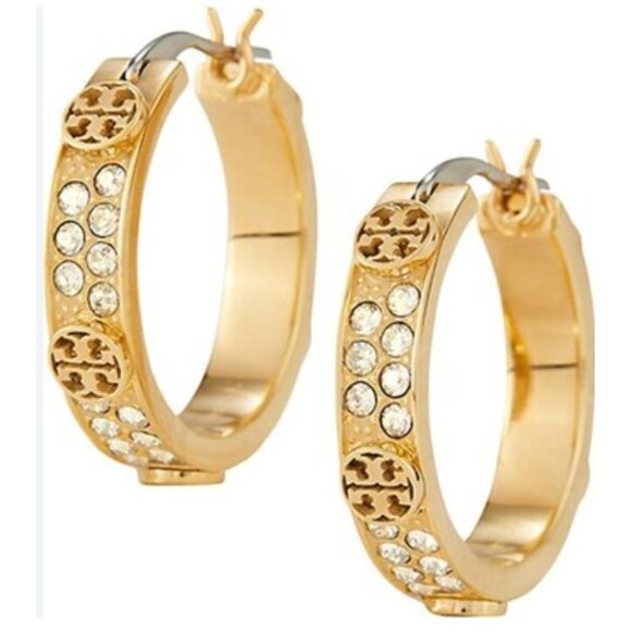✺ Gold-Tone Tory Burch Miller Gold and Crystal Logo Huggie/Hoops ✺✺ - Picture 1 of 5